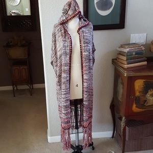 FP Hooded Fringed Knit Kimono/Poncho
